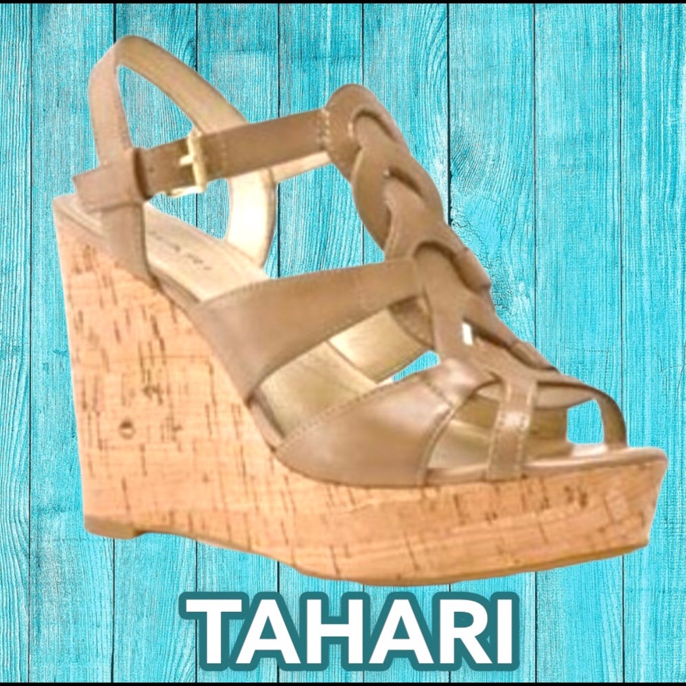 Tahari Stasha beige wedges - sandals, BNWOT, size 8.
